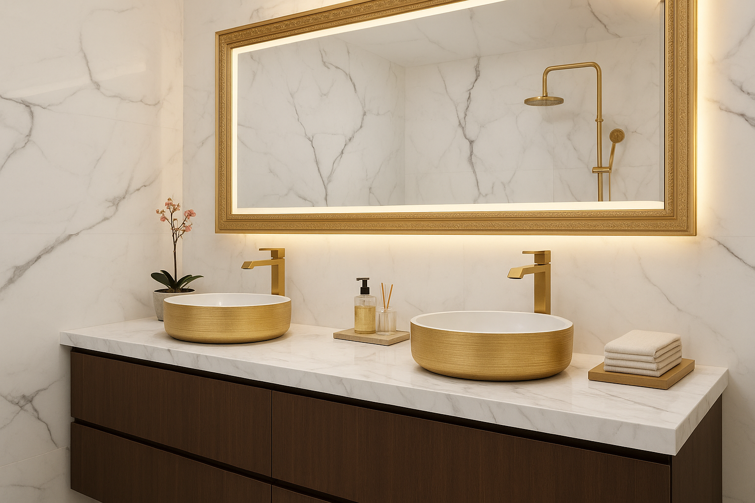 Lavamanos Blanco con Dorado en Cerámica | Diseño Moderno y Elegante - Imagen 2