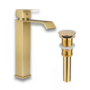 Combo grifería monocontrol oro cepillado con push brillante para lavamanos moderno