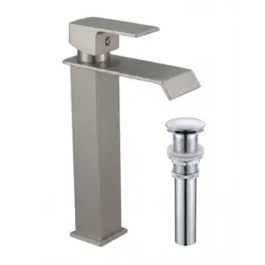 ombo grifería satinada monocontrol con push cromado para lavamanos moderno