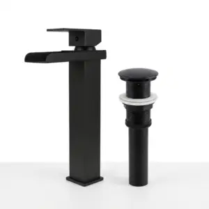 Combo grifería monocontrol cascada negro mate con push negro mate para lavamanos