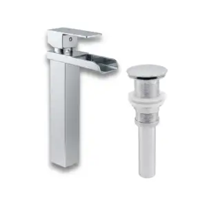 Combo grifería cascada cromada monomando con push cromado para lavamanos moderno