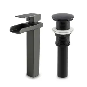 Combo grifería cascada gris monocontrol con push negro mate para lavamanos moderno