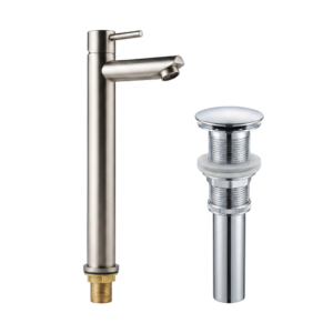 Combo grifería agua fría satinada con push cromado para lavamanos moderno